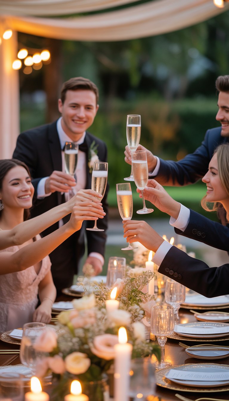 Guests raising champagne glasses in a toast at a wedding dinner party with a beautifully decorated table.